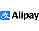 Blaues Alipay Logo mit weißem chinesischen Schriftzeichen links und schwarzem "Alipay" Schriftzug rechts.