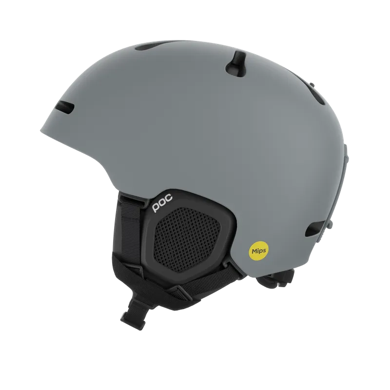 Gray POC ski helmet with black ear covers, straps and a yellow Mips sticker.