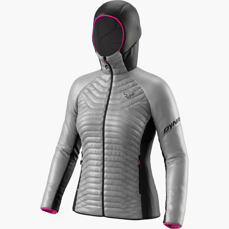 Graue Dynafit Speed Insulation Hooded Damen Jacke, Kapuze mit pinkfarbenem Detail, Reißverschluss vorne, gesteppt, lange Ärmel.
