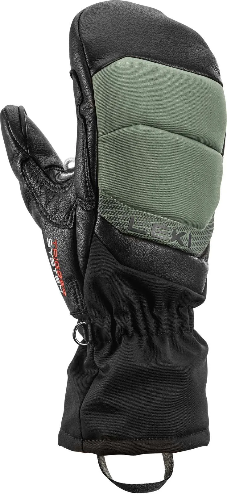 Detailed view of the Leki Griffin Base 3D Wm mitten in black, leather and olive green with "Leki" logo.