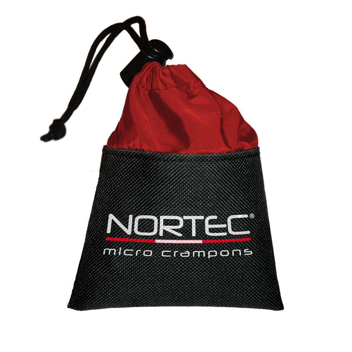 Packtasche der Nortec Easy Schuhkrallen, rot-schwarz mit Kordelzug.