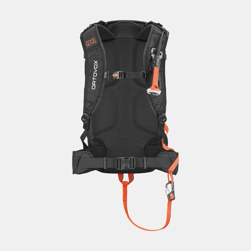 Ortovox Avabag Litric Rucksack Schwarzer Ortovox Avabag Litric Tour 30 Rucksack von hinten, mit orangefarbenen Akzenten an Trägern und Riemen.