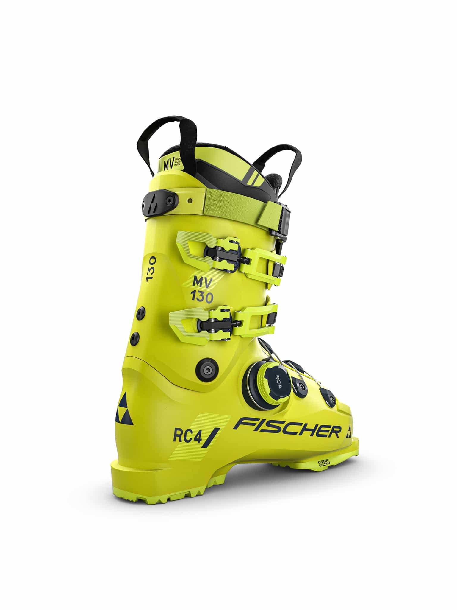Gelber Fischer RC4 130 MV BOA Skischuh, seitliche Ansicht. Details: Schnallen, BOA-System, GripWalk Sohle.