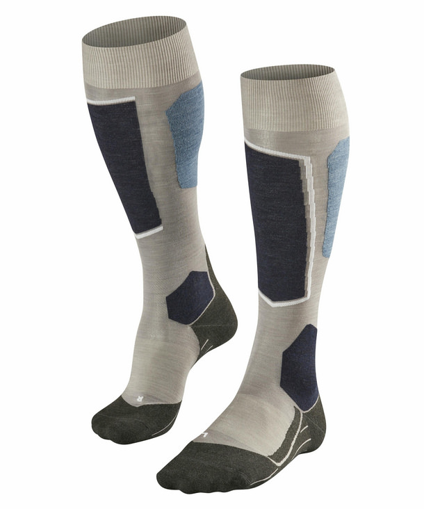 Zwei graumelierte Falke SK6 Skiing Kniestrümpfe, mit blauen und anthrazitfarbenen Akzenten und Polsterzonen.