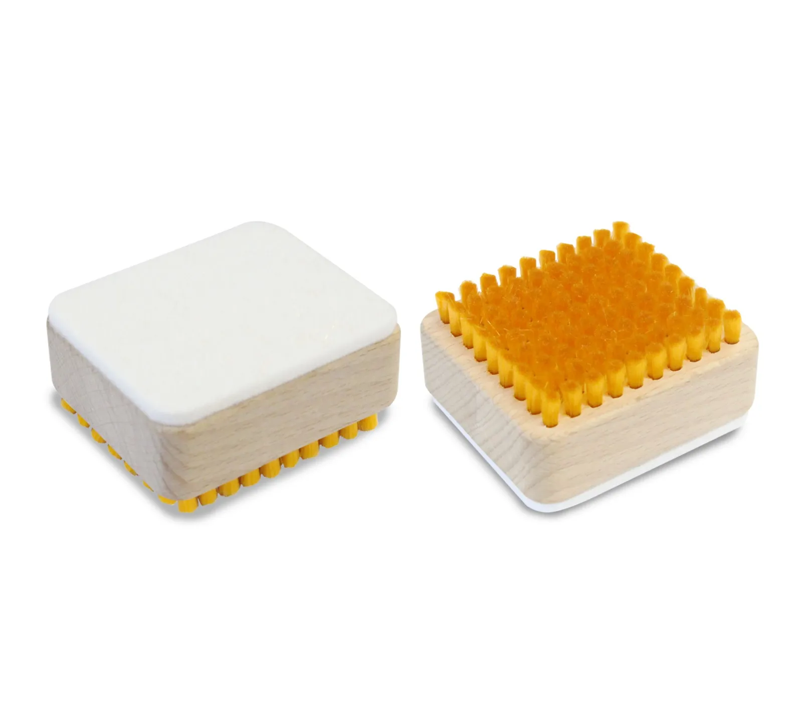 Two brushes: one felt brush and one yellow nylon brush with wooden handle. For applying Vola M23-Race Top Finish Yellow.