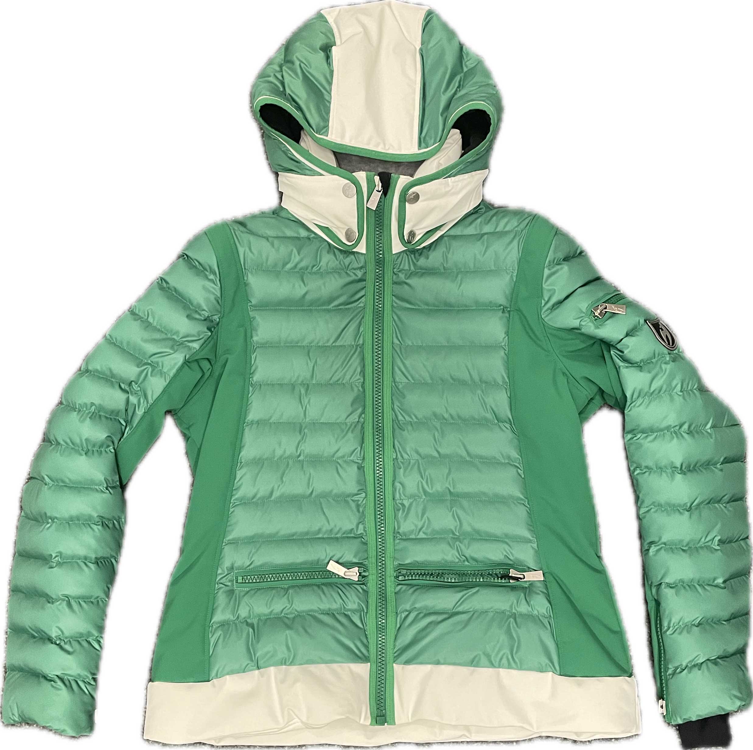 Green, quilted Arizona ski jacket from Toni Sailer with hood and white accents.
