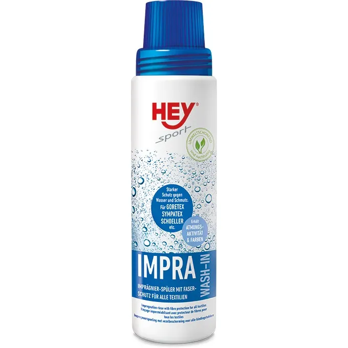 Weiße Flasche Impra Wash mit blauem Deckel, Text mit Produkteigenschaften auf dem Etikett.