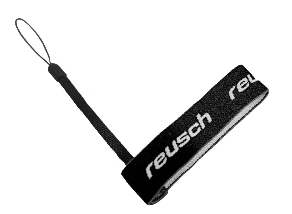 Schwarze Reusch Handschuh-Schlaufe mit Handschuh-Befestigungsschlaufe, auf dem Band ist der Schriftzug "reusch" zu sehen.