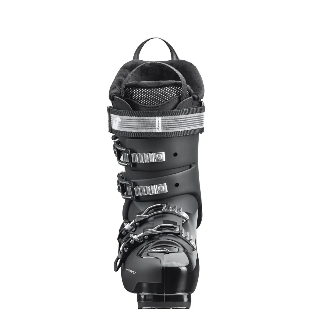 Front view: Black Nordica Speedmachine 85 W ski boot with buckles and silver strap.