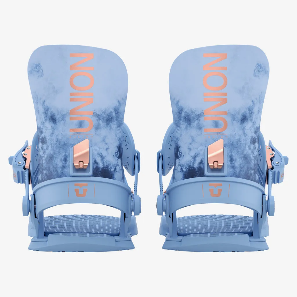 Two light blue snowboard bindings with "UNION" lettering and copper accents, against a white background.