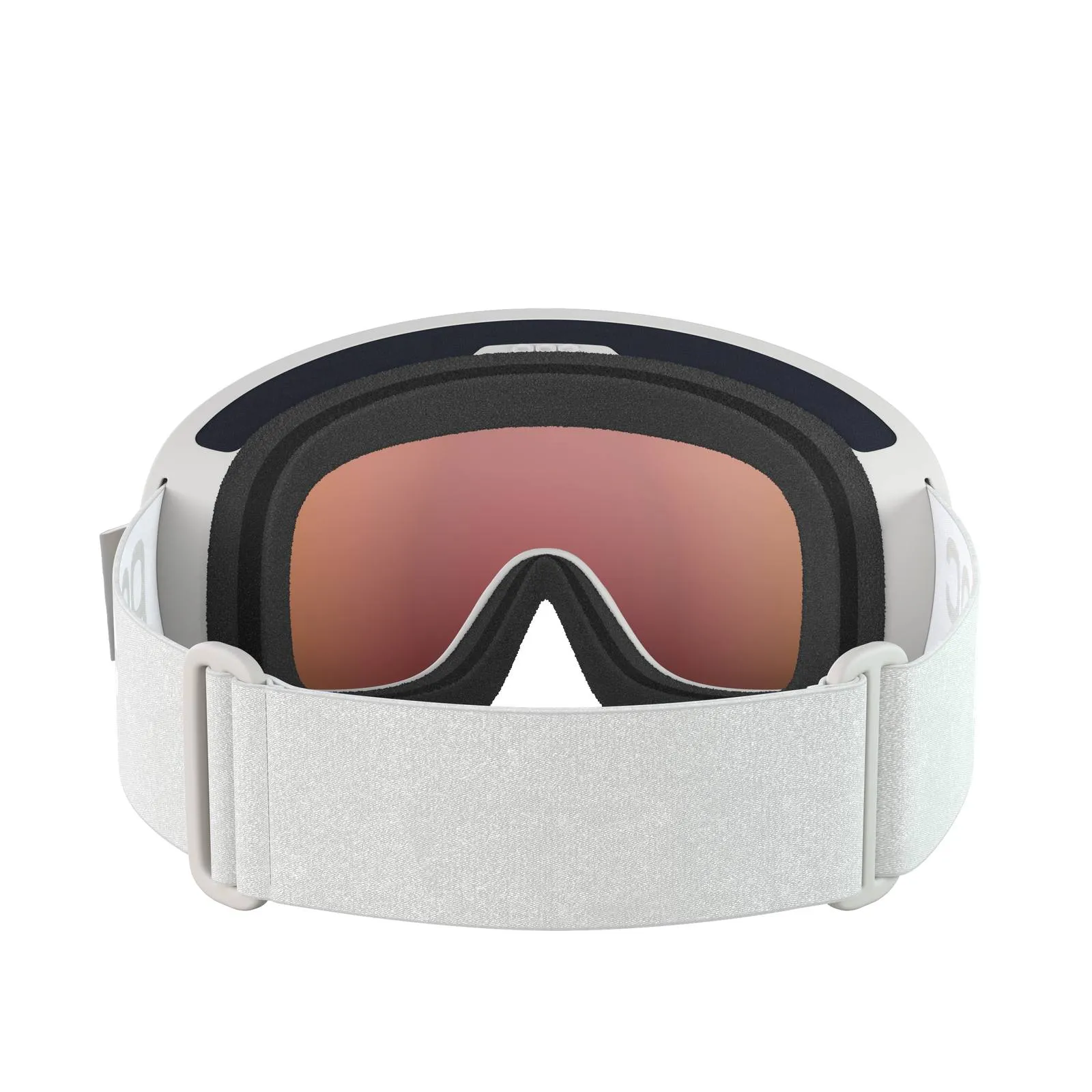 Front view: Grey POC Fovea POW JJ ski goggles with gold-orange Clarity lens and white strap.
