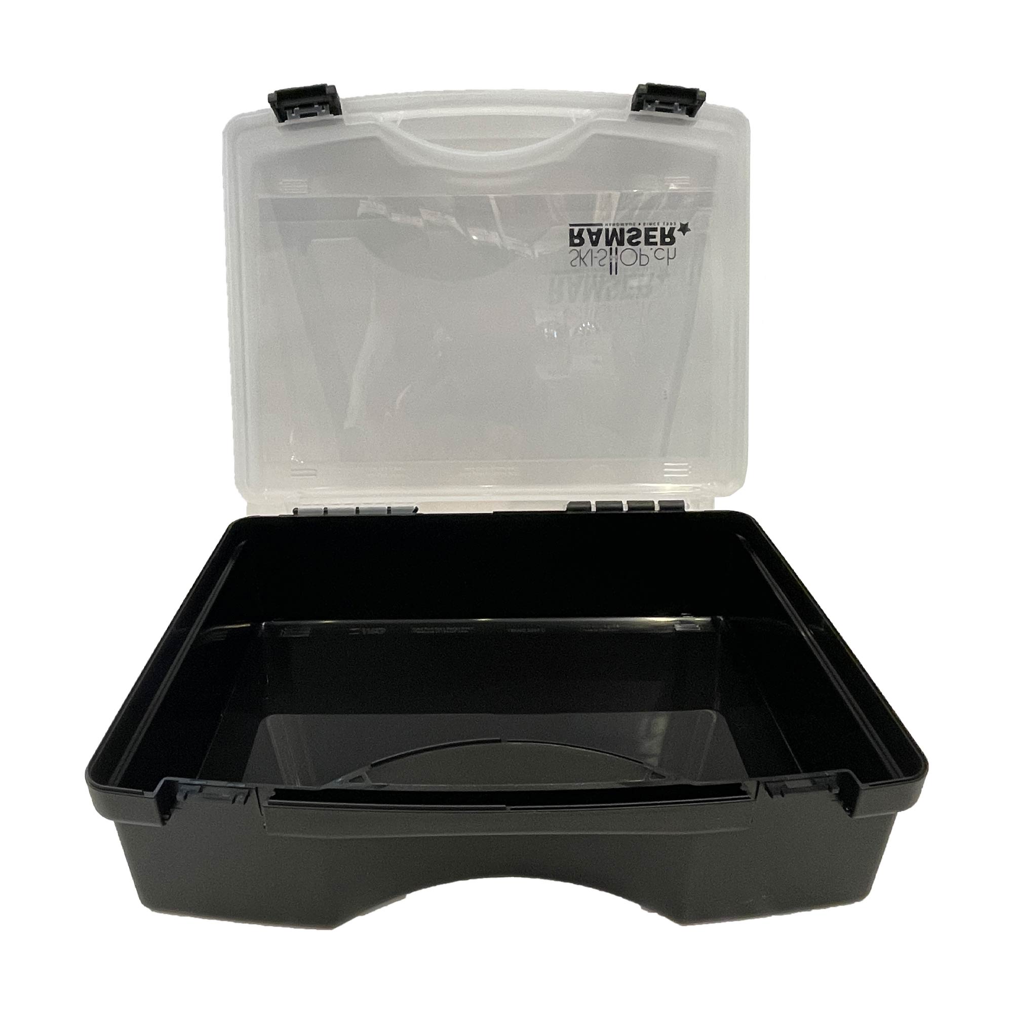 Geöffnete, leere, schwarze Wax Box Pro mit transparentem Deckel.