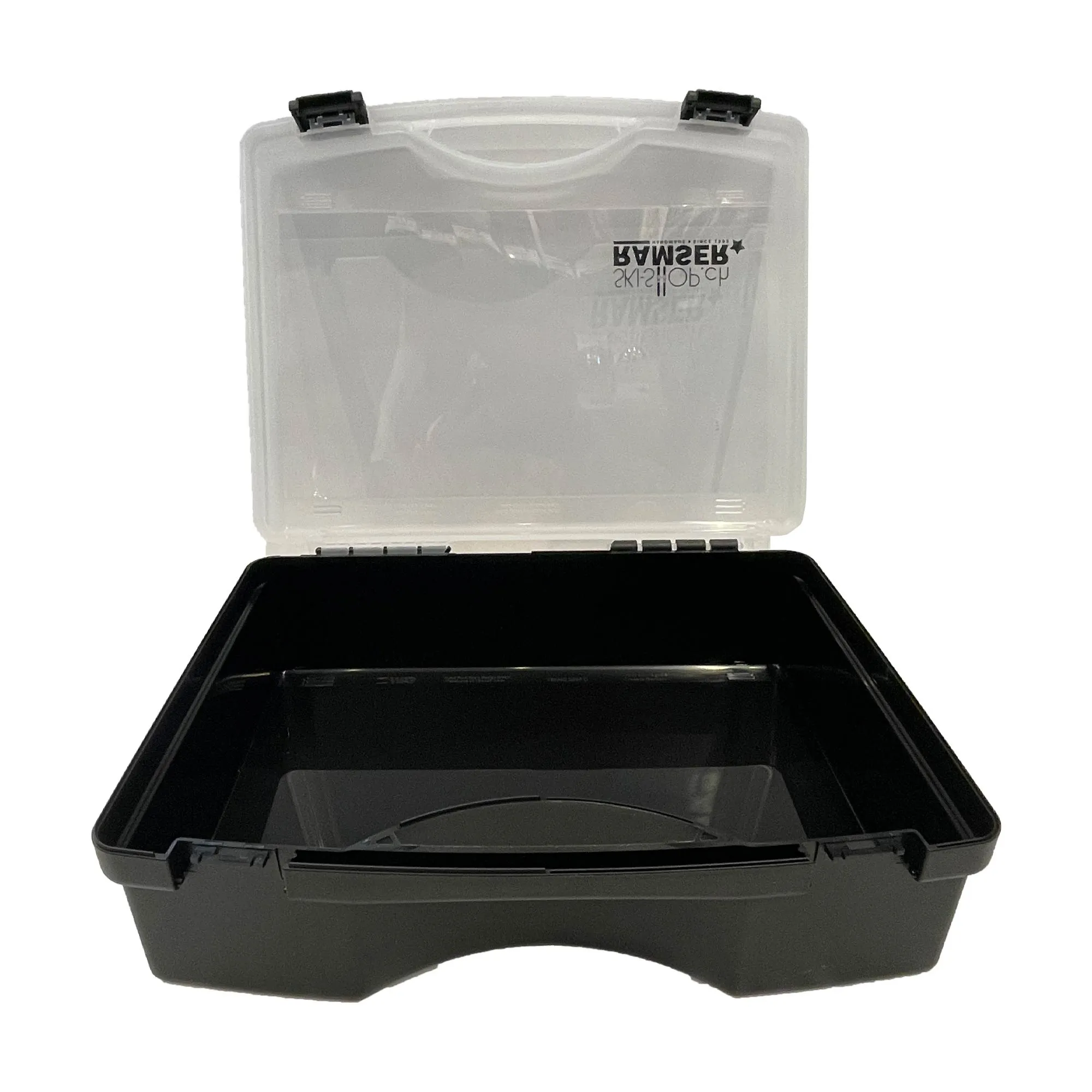 Geöffnete, leere, schwarze Wax Box Pro mit transparentem Deckel.
