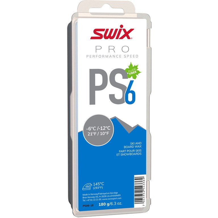 Verpackung von Swix PS06 Blue Skiwachs für -6°C bis -12°C mit Fluor Free Siegel.