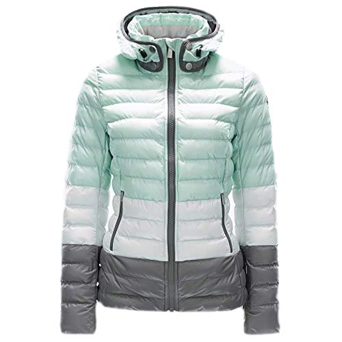 Mintgrüne Toni Sailer Margot Daunenjacke mit Kapuze und Farbverlauf von Weiß zu Grau.