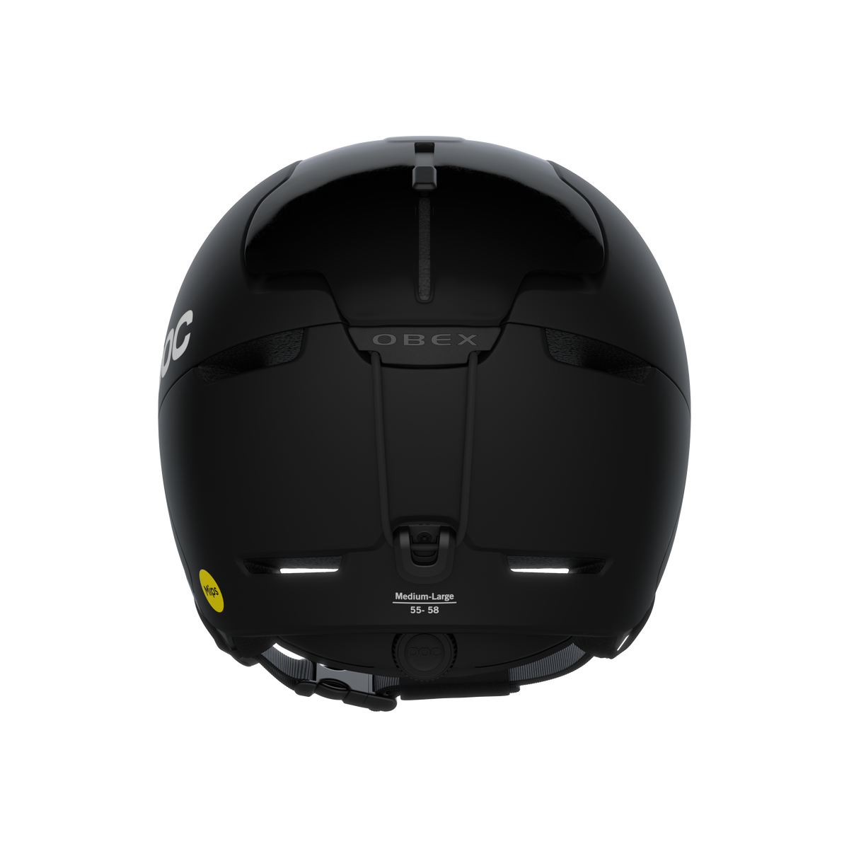 Casque de ski noir, vue arrière avec l'inscription 'OBEX', l'indication de la taille et le logo MIPS.