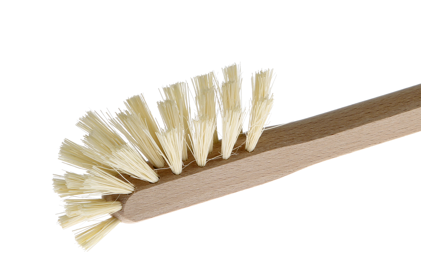 Close-up of a Chillys brush with light-colored wooden handle and bristles. The brush is suitable for drinking bottles.
