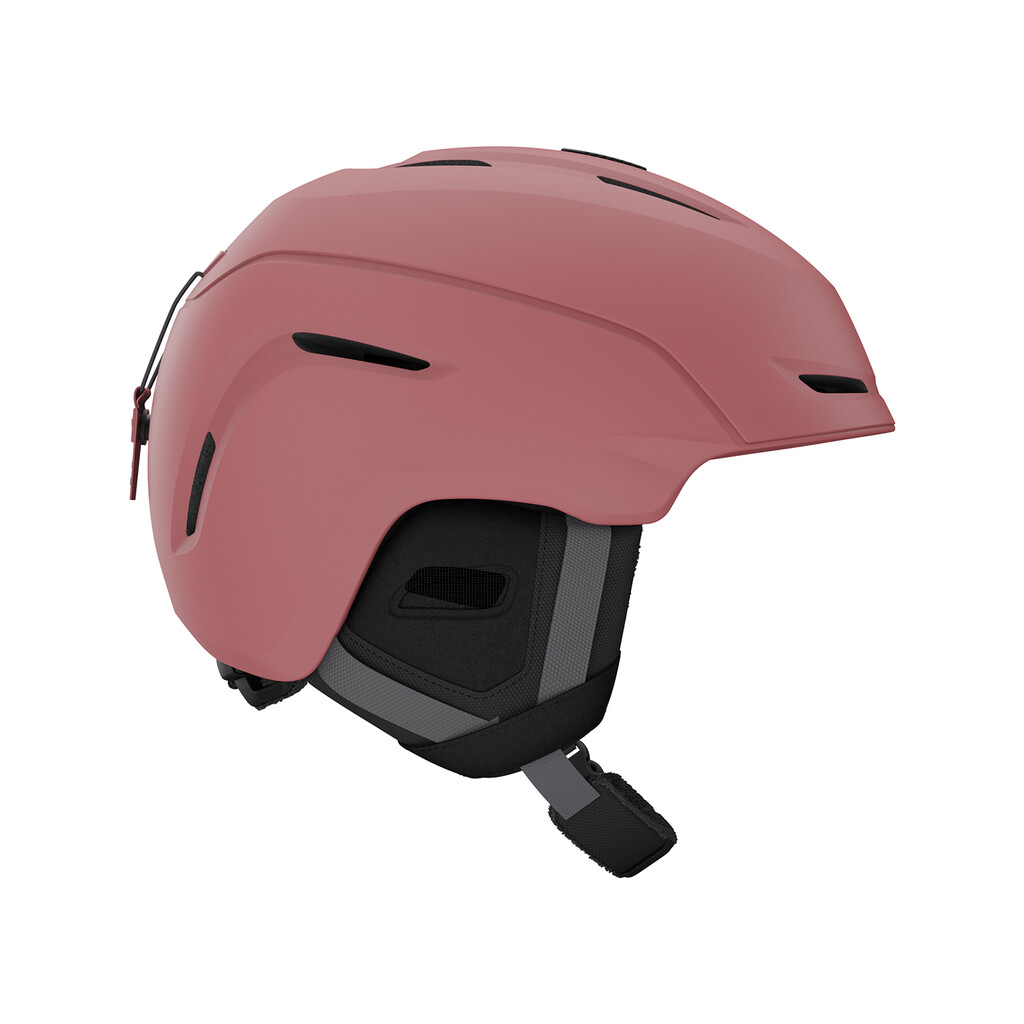 Casque de ski rose mat Vue détaillée : casque de ski rose mat Giro Avera MIPS, vue de côté. Fentes d'aération et coussinets d'oreilles visibles.