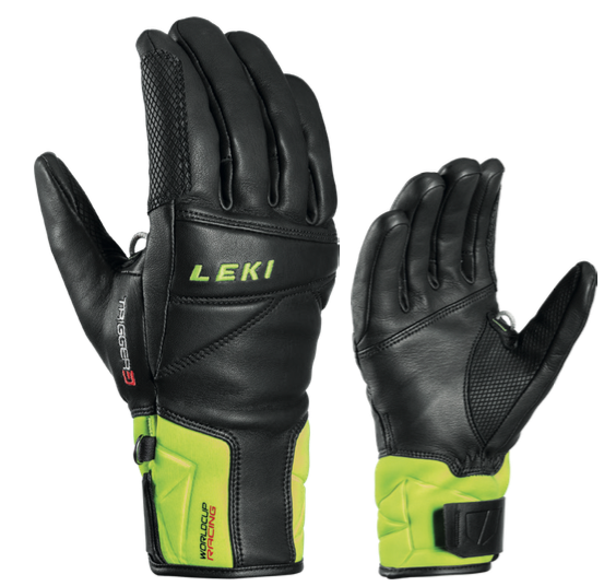 Zwei Leki Worldcup Race Speed 3D Handschuhe, Leder, schwarz mit gelben Akzenten.