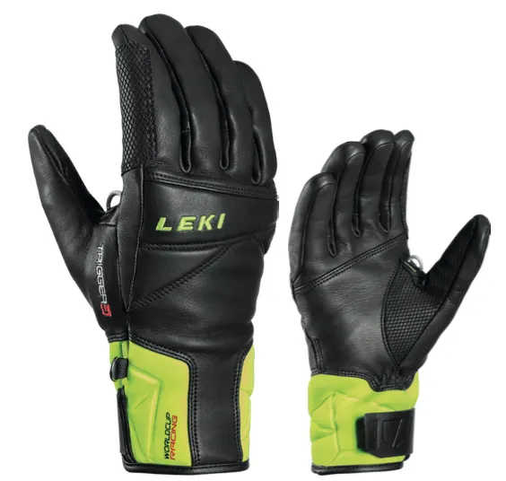 Due guanti Leki Worldcup Race Speed 3D, in pelle, neri con accenti gialli.