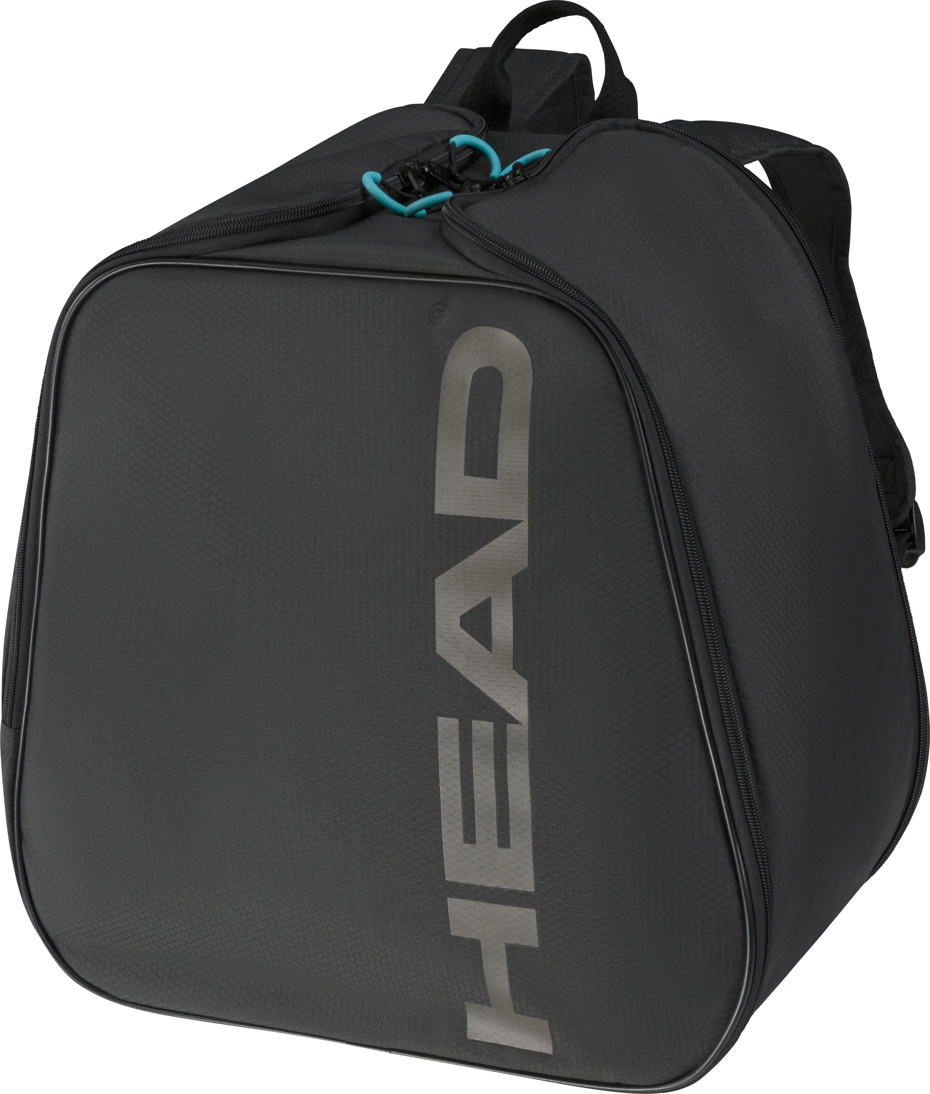 Schwarzer Head Boot Backpack 2026 mit Tragegriffen und Reißverschlüssen, aufgedruckter Markenname.
