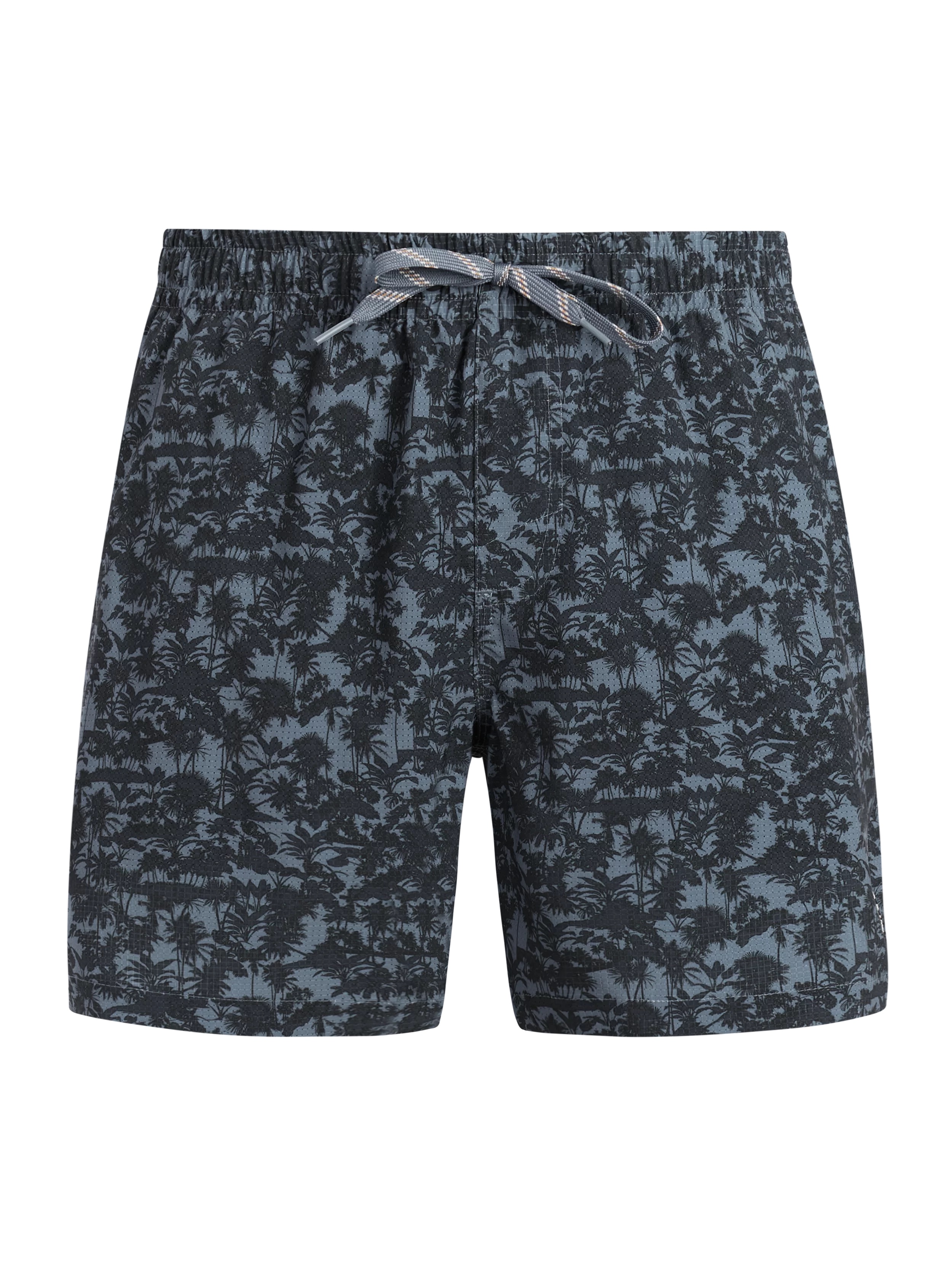 Badeshorts mit grauem Palmenmuster, Gummibund und grau-brauner Kordel.