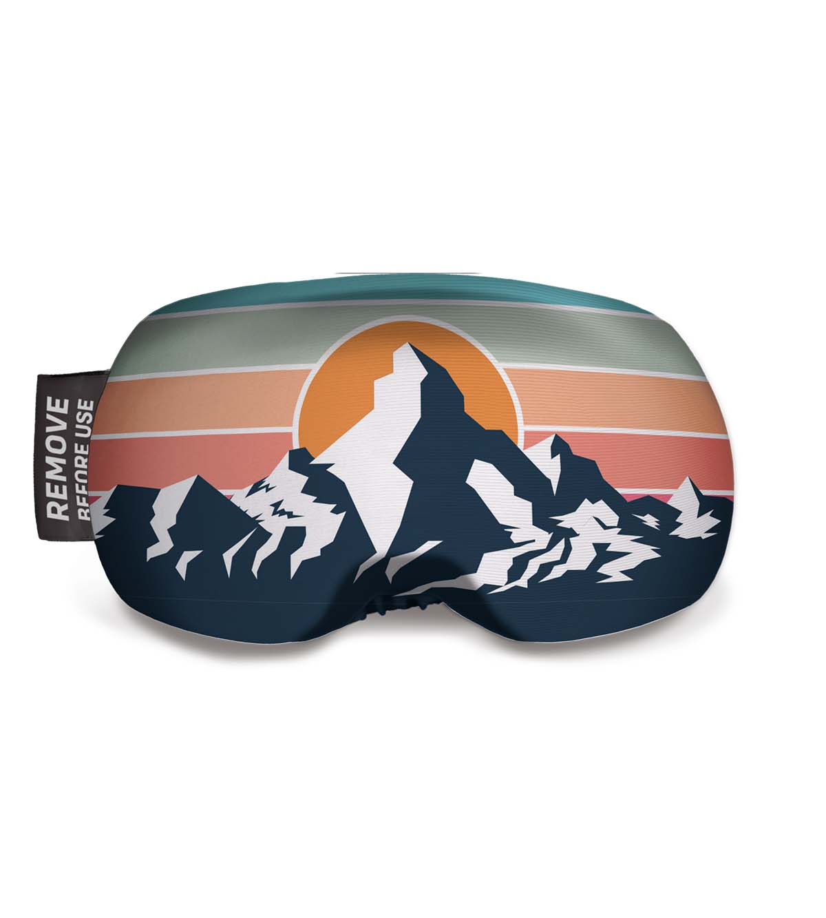 Housse de protection pour lunettes de ski Zermatt Housse de protection pour lunettes de ski "Zermatt - Sol" avec motif de montagne et symbole du soleil, bande avec inscription "Remove Before Use".