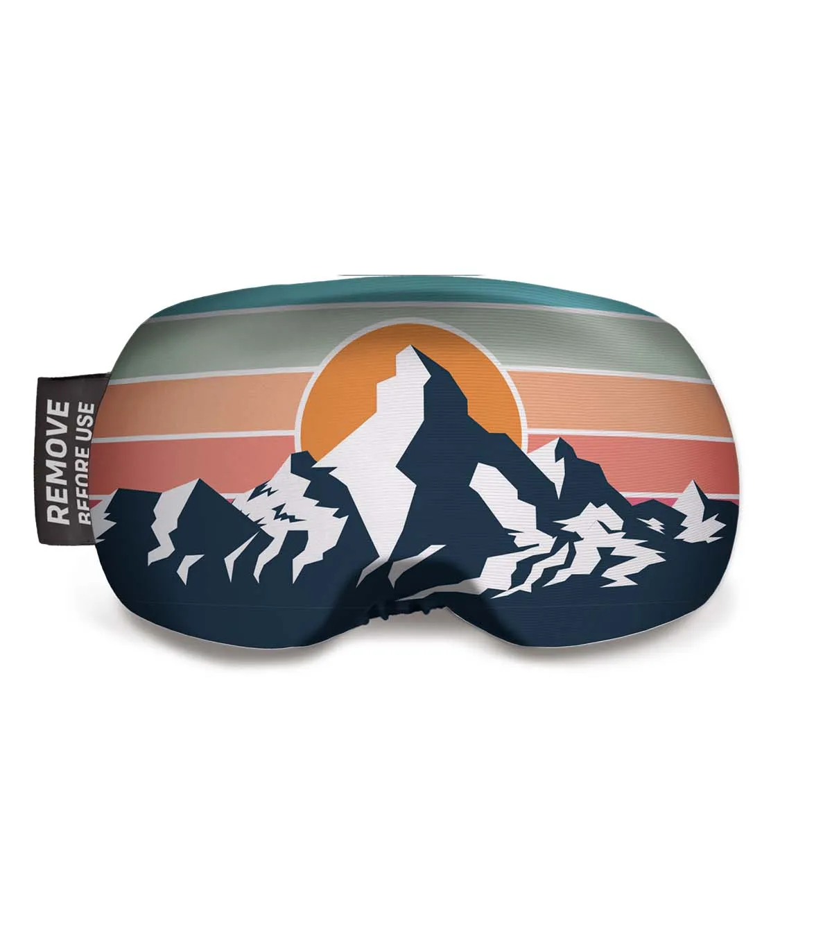 Skibrillenschutzhülle "Zermatt - Sol" mit Bergmotiv und Sonnensymbol, Band mit Aufschrift "Remove Before Use".