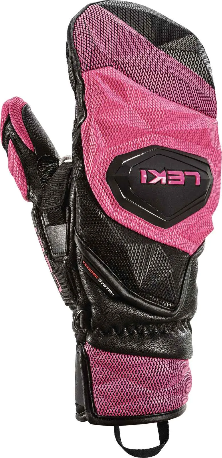 Close-up of a Leki WCR Venom SL 3D Mitt in pink and black. The Leki logo is visible.