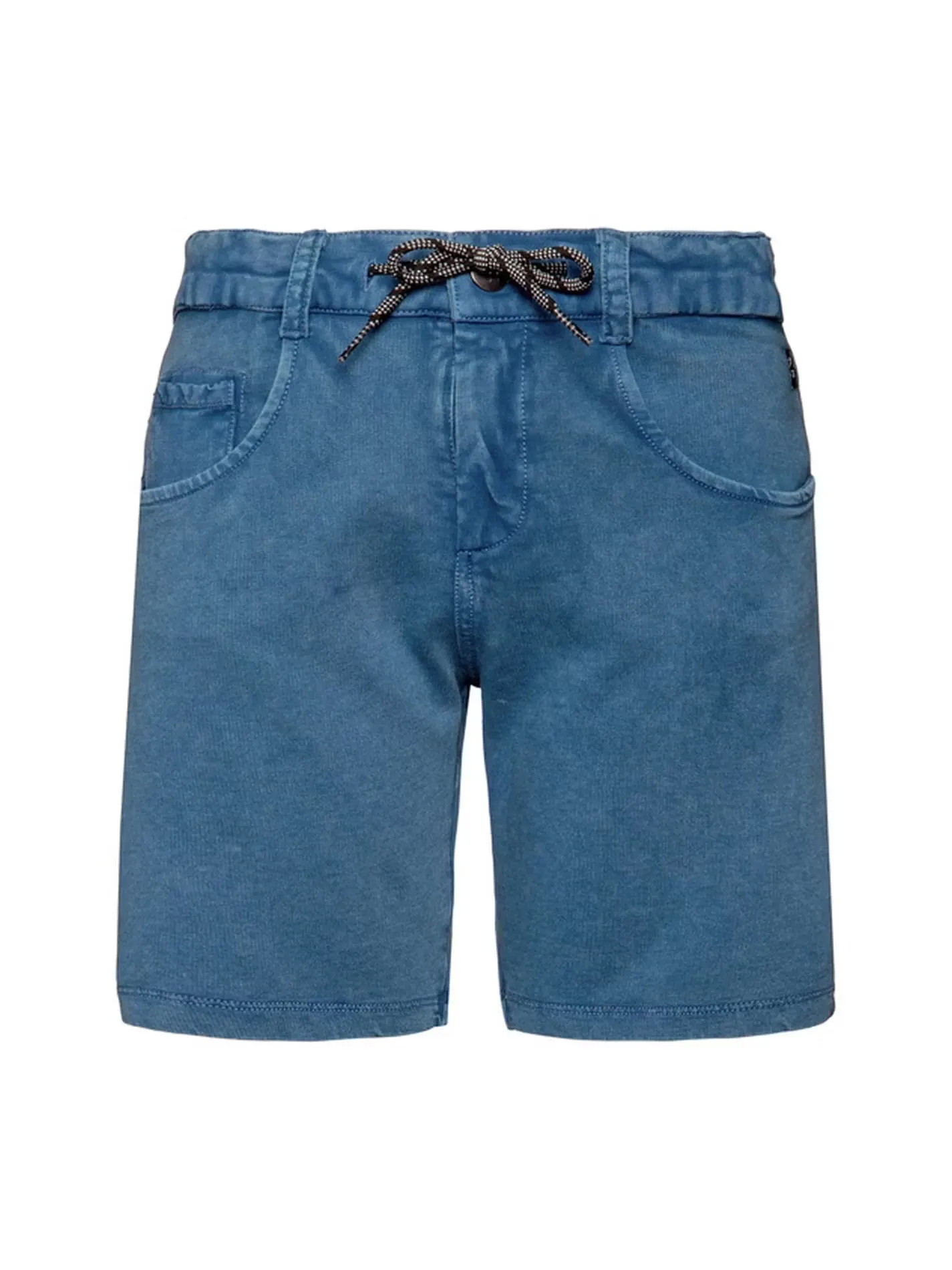 Eine einzelne, hellblaue Cordshorts ist mittig im Hochformat platziert. Die Hose hat zwei schräge Eingrifftaschen, eine kleine Tasche links und einen Bund mit einer schwarz-weiß gemusterten Kordel. Der Stoff weist eine feine Rippenstruktur auf.
