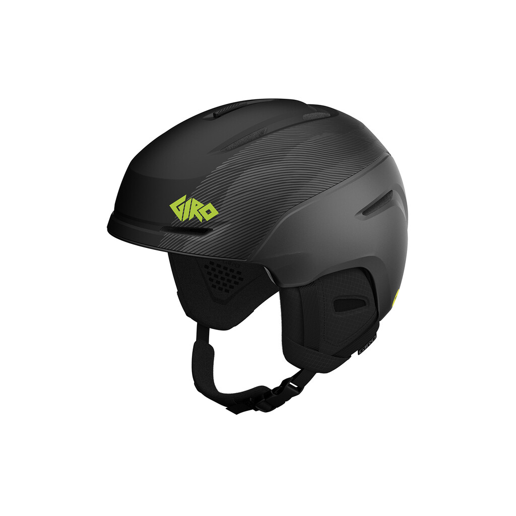 Giro Neo MIPS Skihelm Mattschwarzer Giro Neo MIPS Skihelm mit Ohrenschützern und grünem Giro Logo, seitliche Ansicht.