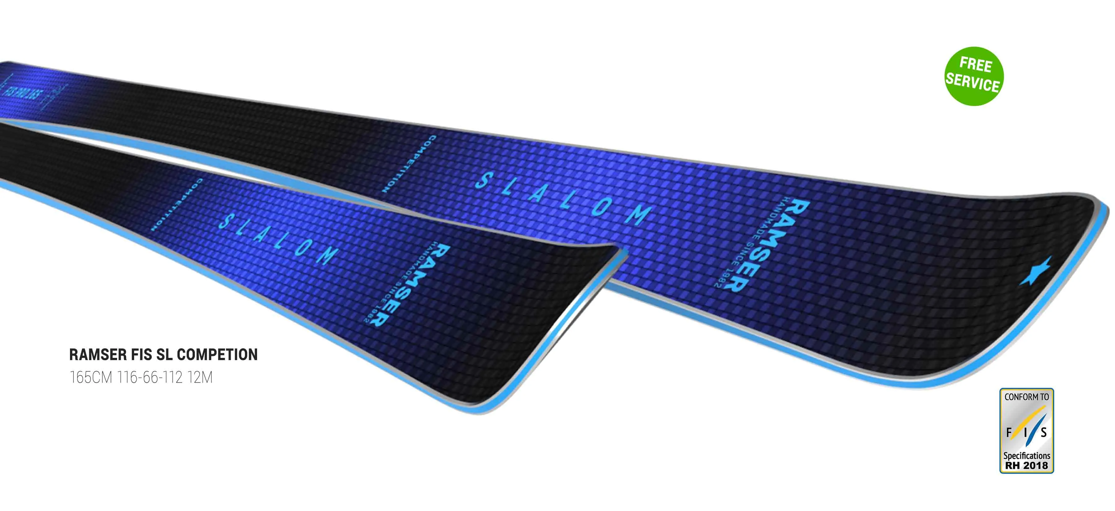 Ramser FIS SL ski with blue and black design and "Slalom Competition" lettering.