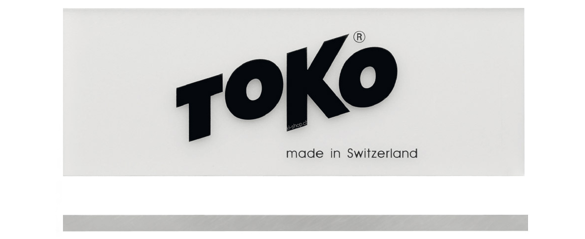 Eine Toko Plexi Abziehklinge, 5 mm dick, mit dem Toko-Logo und dem Schriftzug "made in Switzerland".
