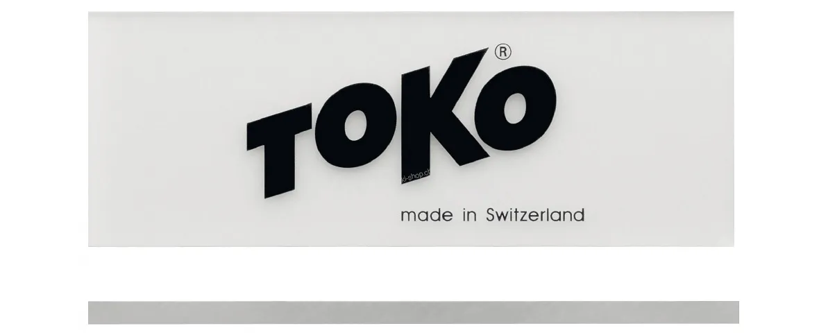 Eine Toko Plexi Abziehklinge, 5 mm dick, mit dem Toko-Logo und dem Schriftzug "made in Switzerland".
