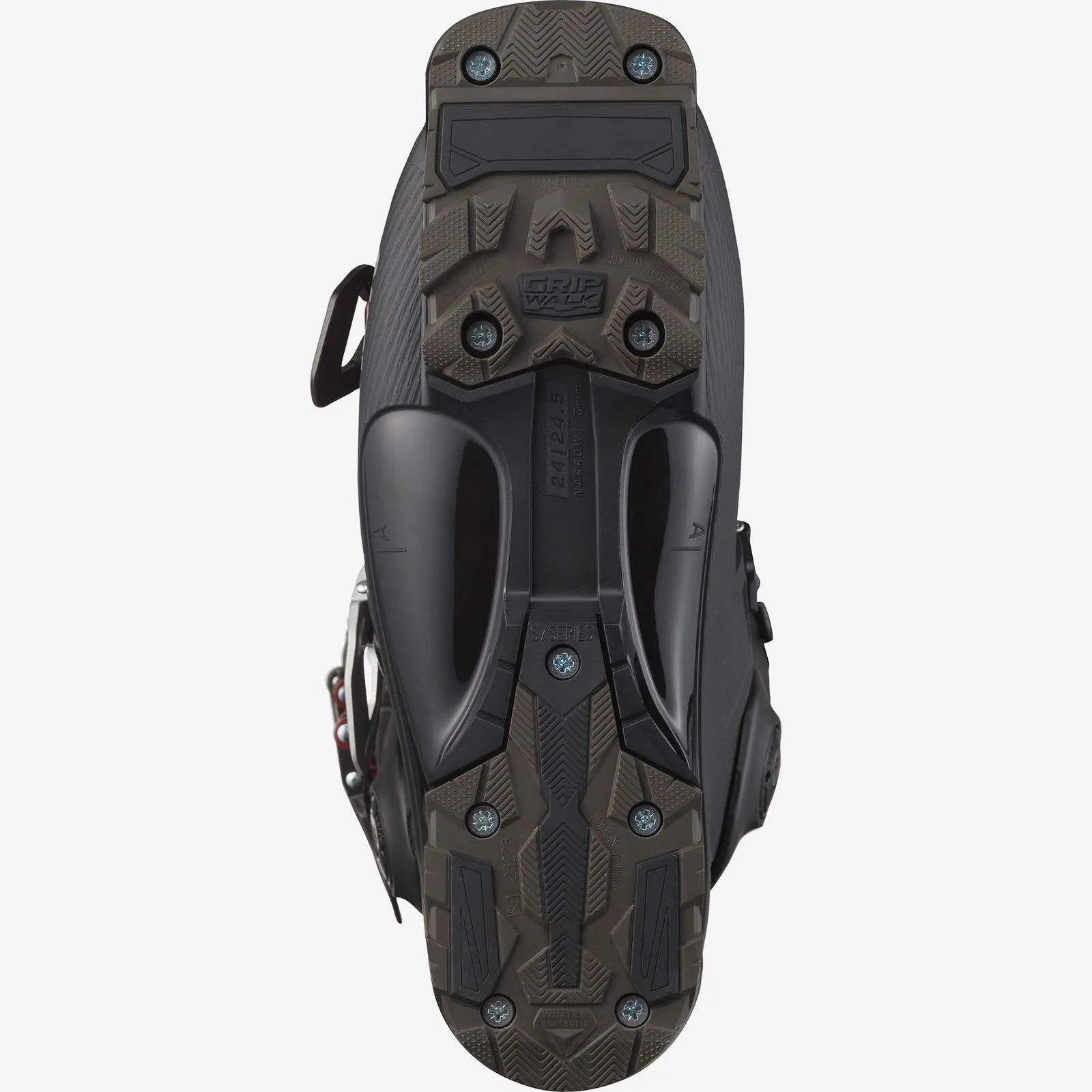 Bottom view of the Salomon S/PRO ALPHA 110 W ski boot with details of the sole and GripWalk.