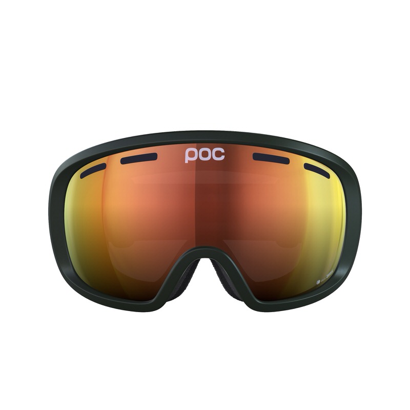Vue frontale d'un masque de ski POC Fovea Clarity avec écran Zeiss orange et monture vert foncé.