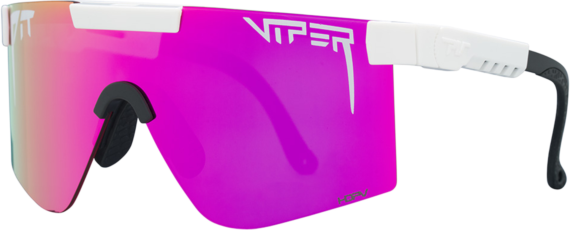 Pink polarisierte Pit Viper Sonnenbrille mit weißem Rahmen, Seitenansicht.