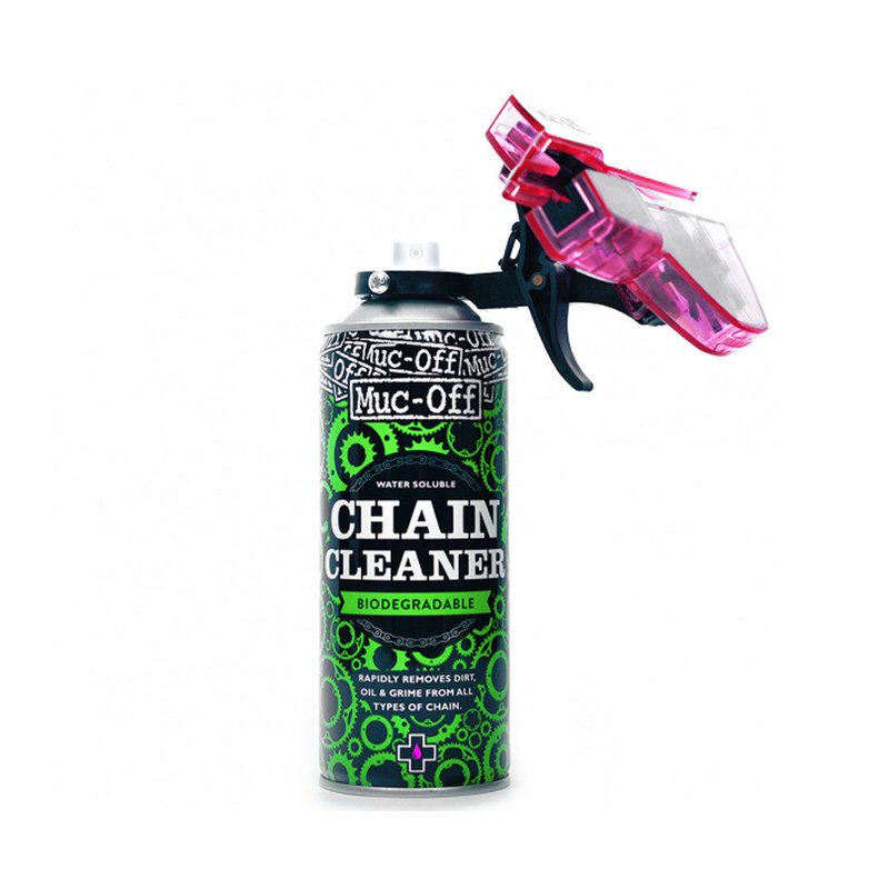 Muc-Off Chain Doc: macchina per la pulizia con accessorio per la pulizia di colore rosa e bomboletta spray per catena.