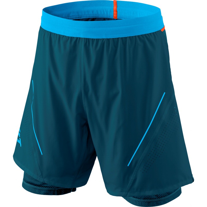 Petrolfarbene 2in1 Laufshorts für Herren mit integrierter Innenhose und blauem, elastischen Bund.