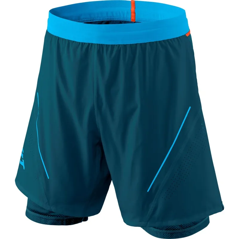 Petrol-colored 2in1 running shorts for men with integrated inner shorts and blue, elastic waistband.