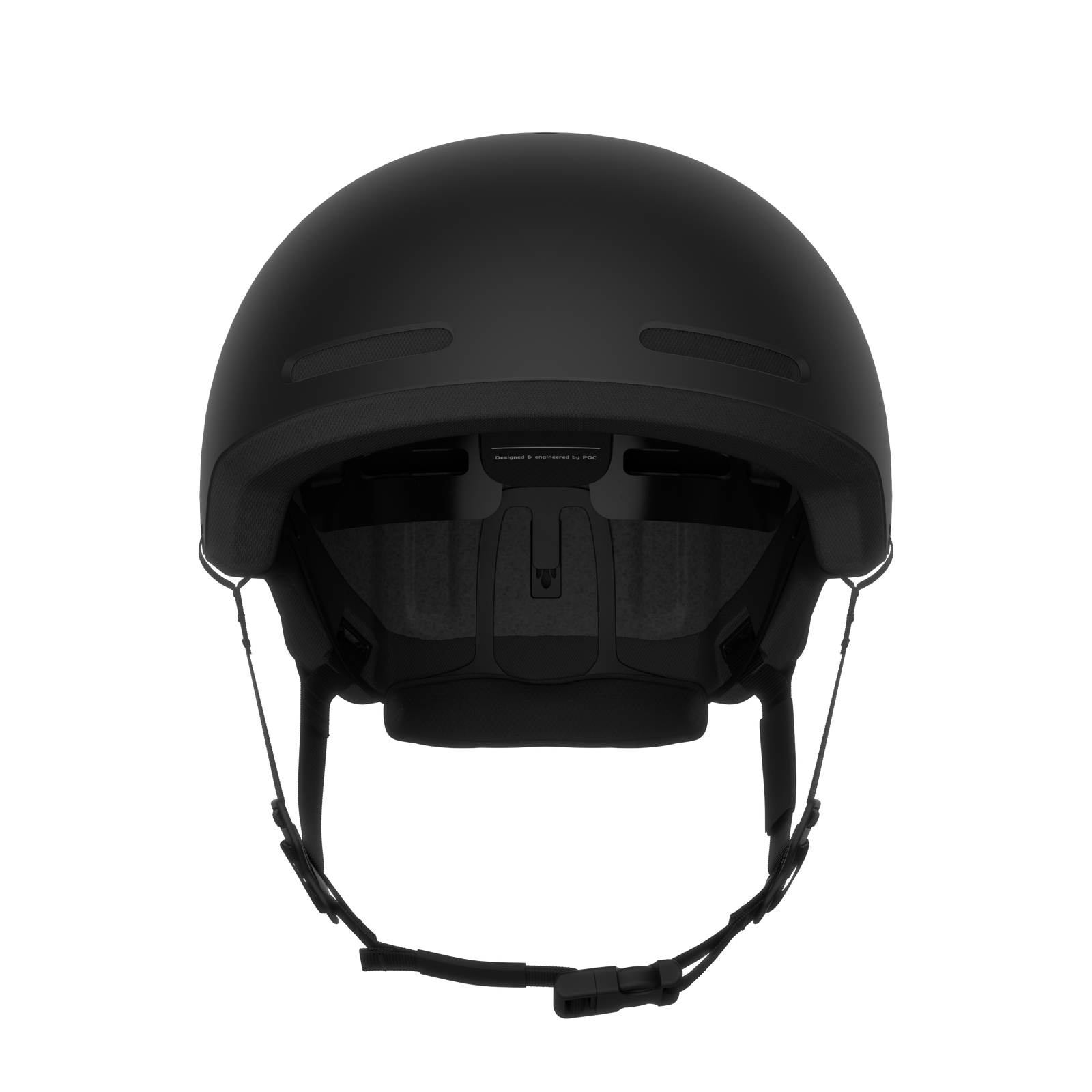 Vorderansicht: Schwarzer POC Calyx Helm mit Kinnriemen und Belüftungsöffnungen.