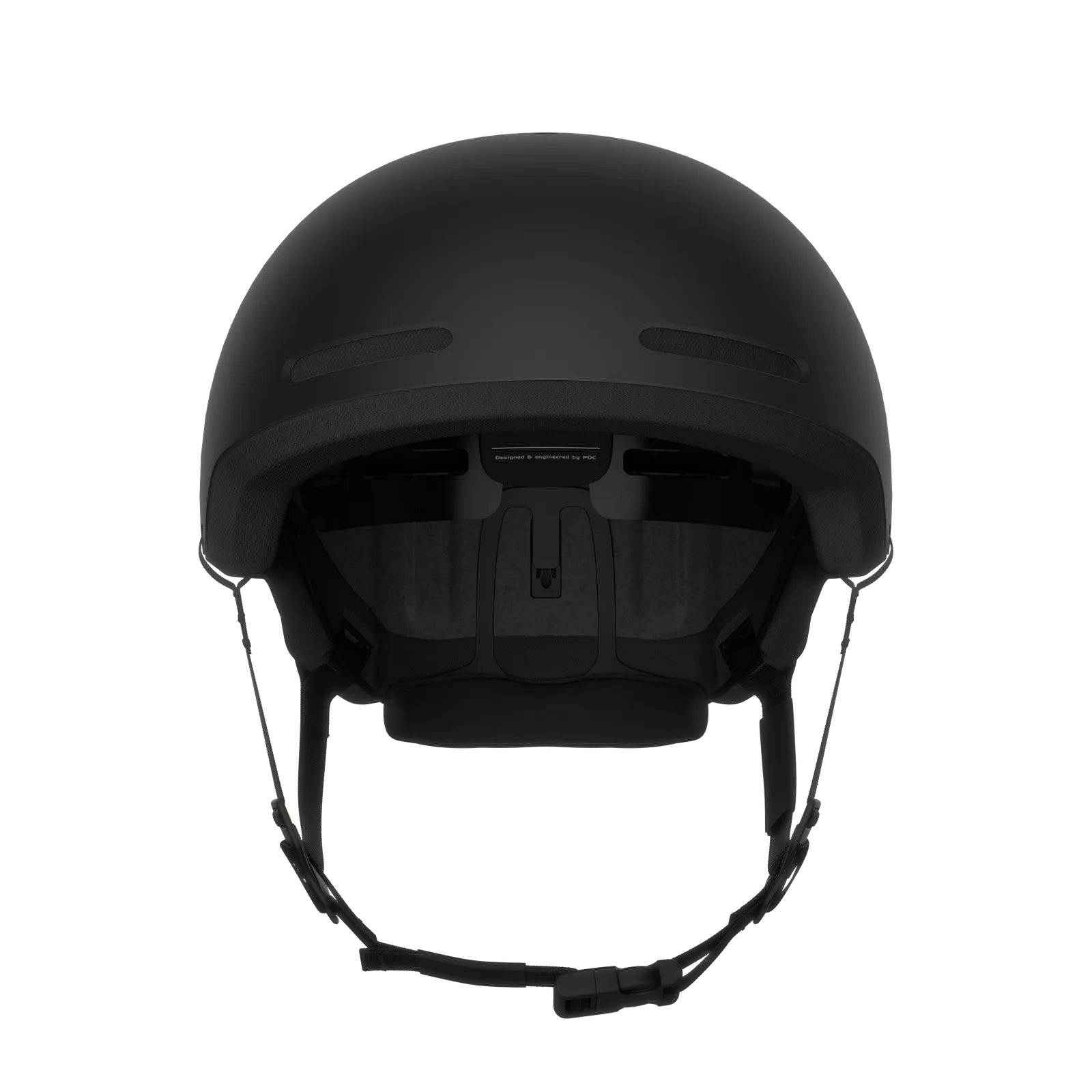 Vue de face : Casque POC Calyx noir avec jugulaire et ouvertures d'aération.