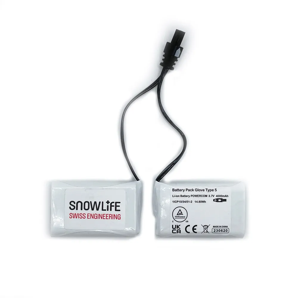 Deux Snowlife Battery Packs pour gants chauffants avec câble et prise, type5, 3.7V, 4000mAh.