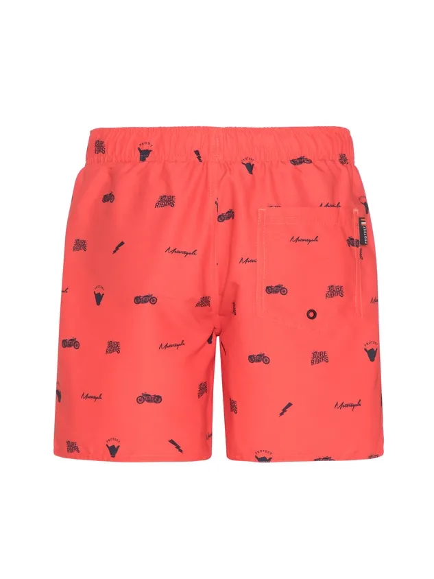 Coral-colored swim trunks featuring an all-over pattern of small, dark motifs, including motorcycles, hands making the "shaka" gesture, lettering, and lightning bolts. The trunks have an elastic waistband and a back pocket.