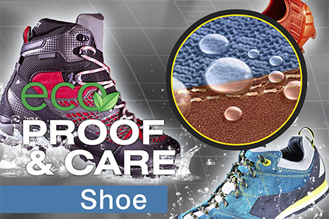 Schuhe mit "Eco Proof & Care" Schriftzug. Nahaufnahme: Wasser perlt an Schuh-Material ab. Outdoor-, Wander- und Alltagsschuhe.