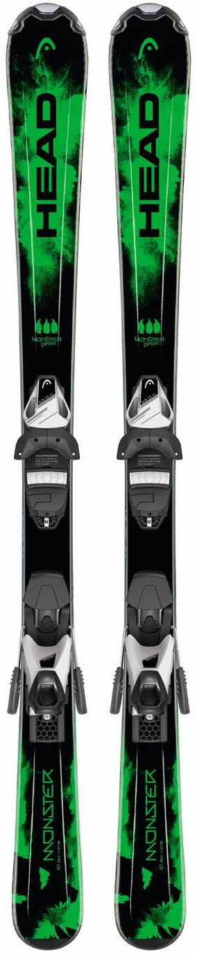 Head Ski Monster SLR Junior Ski mit schwarzem Design und grünen Akzenten, inklusive Bindung.