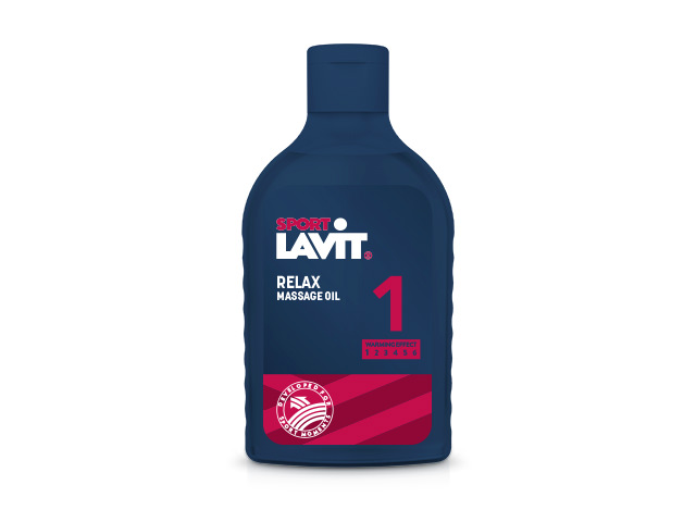Blaue Flasche Sport-Lavit Relax Massage Oil mit rotem Akzent und "1" für Wärmeeffekt.
