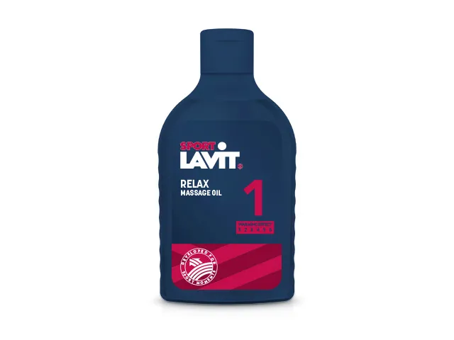 Blaue Flasche Sport-Lavit Relax Massage Oil mit rotem Akzent und "1" für Wärmeeffekt.