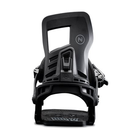 Black Nidecker Muon-X snowboard binding, front view. Details include baseplate, highback and straps.