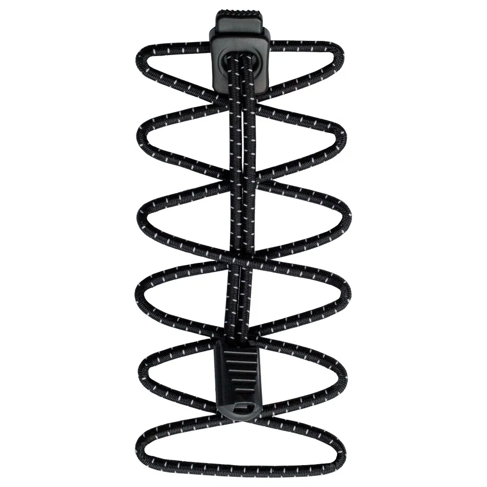 Schwarze, elastische Run Laces mit weißen Punkten, gewellt angeordnet, mit schwarzen Verschlüssen.